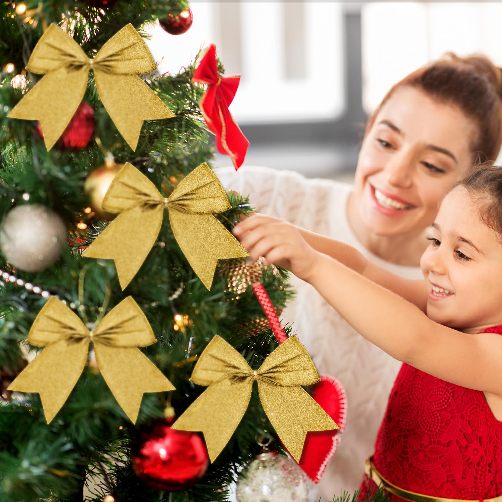 Cindeer 24 Pcs Gold Christmas Bow Decorations 6 Inch, Glitter Holiday Bows with Sequin Ties for Xmas Tree, Halloween, Wreath, DI